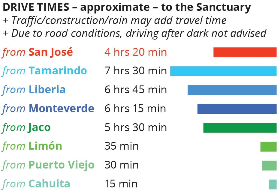 Drive times - approximate - to the Sanctuary. Traffic/construction/rain may add travel time. Due to road conditions, driving atfer dark not advised. From San Jose: 4 hrs 20 min. From Limon: 35 min. From Cahuita 15 min.